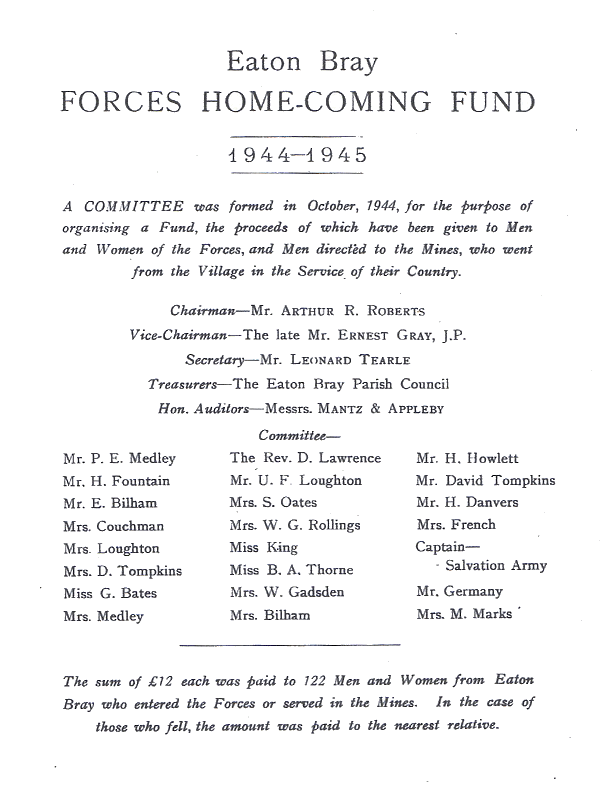 Forces Home-Coming Fund, Eaton Bray, 1944-1945